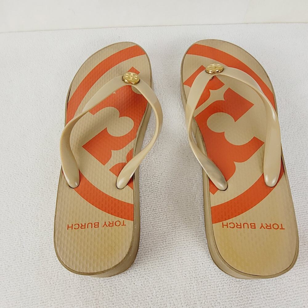 Tory Burch Logo thong wedge slip on sandal Size 8 orange and tan Casual
